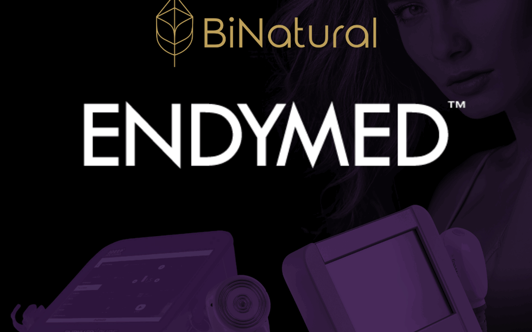 Grafika promująca premierę urządzeń EndyMed PRO i PURE 2.0 w ofercie BiNatural, z wizerunkiem kobiety, logotypami oraz zdjęciem sprzętu medycznego.