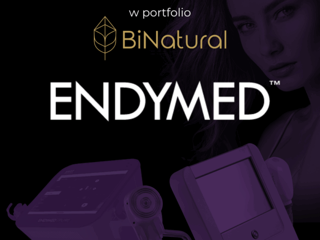 Grafika promująca premierę urządzeń EndyMed PRO i PURE 2.0 w ofercie BiNatural, z wizerunkiem kobiety, logotypami oraz zdjęciem sprzętu medycznego.